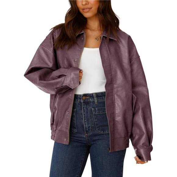 Women's Faux Leather Motorcycle Jacket Trendy Purple - Picture 1 of 6
